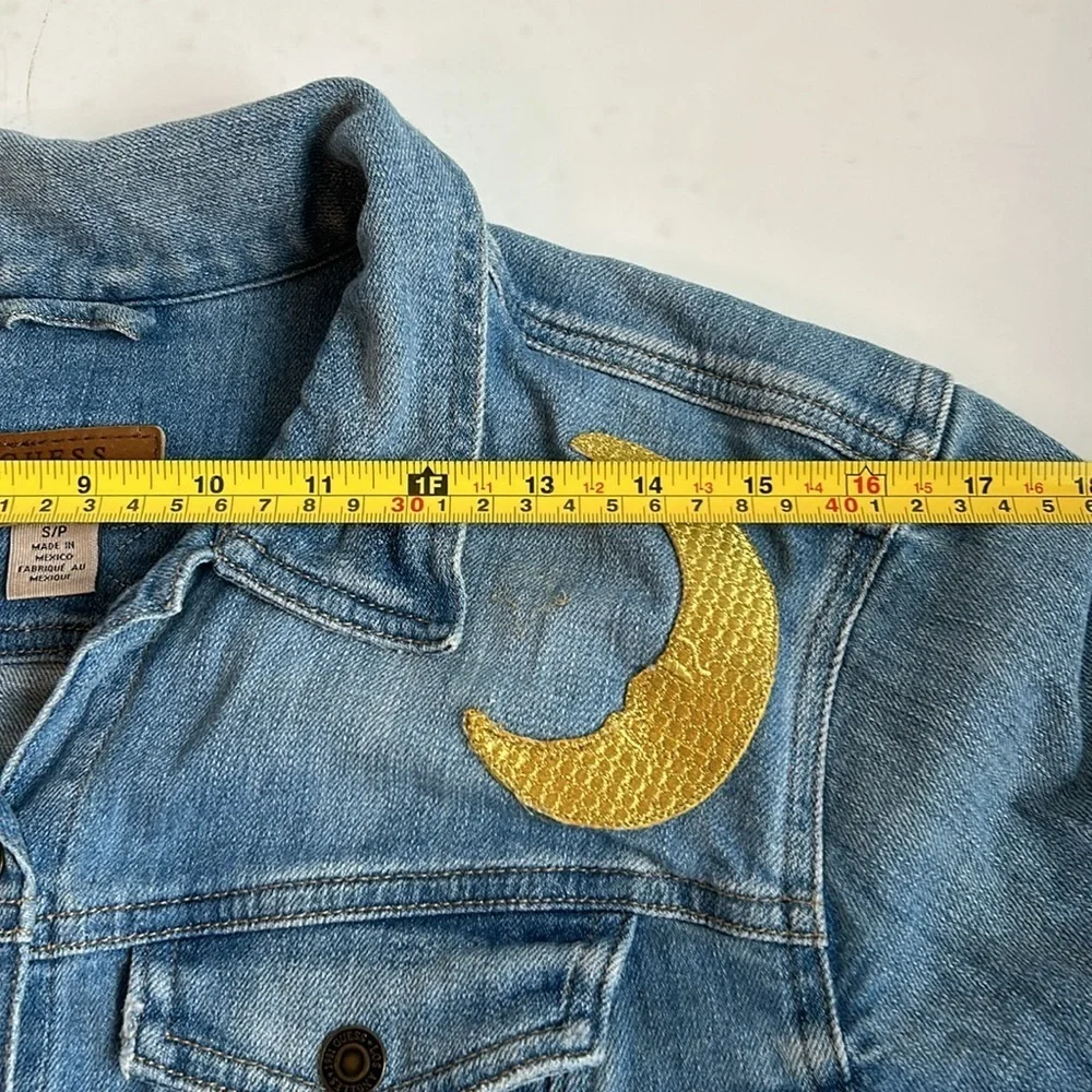 Guess cropped raw hem 3/4 sleeve hippie patches star cactus peace jean jacket - Picture 13 of 16